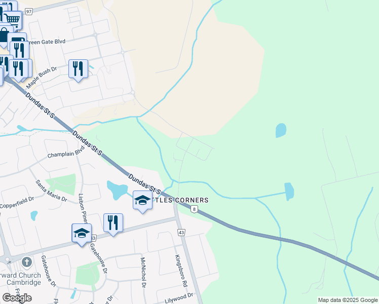 map of restaurants, bars, coffee shops, grocery stores, and more near 1261 Dundas Street South in Cambridge