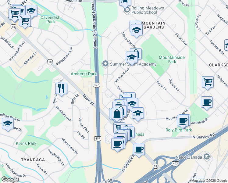 map of restaurants, bars, coffee shops, grocery stores, and more near 2086 Meadowbrook Road in Burlington
