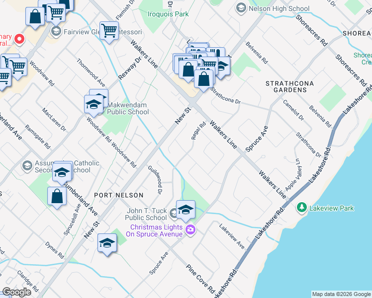 map of restaurants, bars, coffee shops, grocery stores, and more near 3475 Regal Road in Burlington