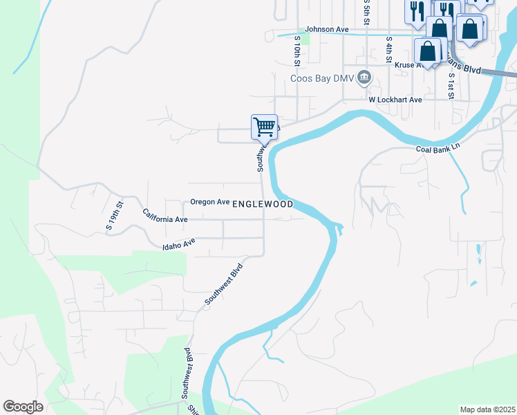 map of restaurants, bars, coffee shops, grocery stores, and more near 1641 Southwest Boulevard in Coos Bay
