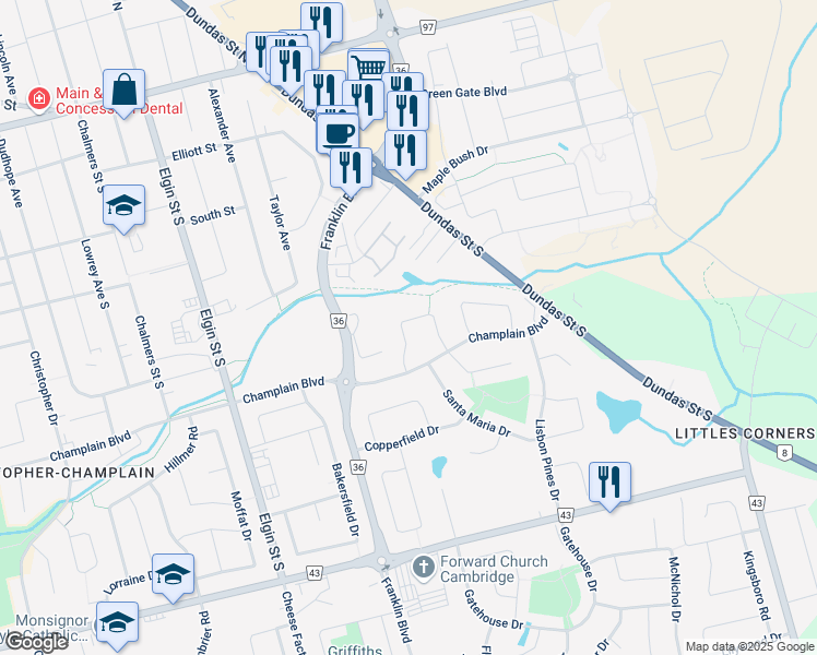 map of restaurants, bars, coffee shops, grocery stores, and more near 47 Azores Crescent in Cambridge