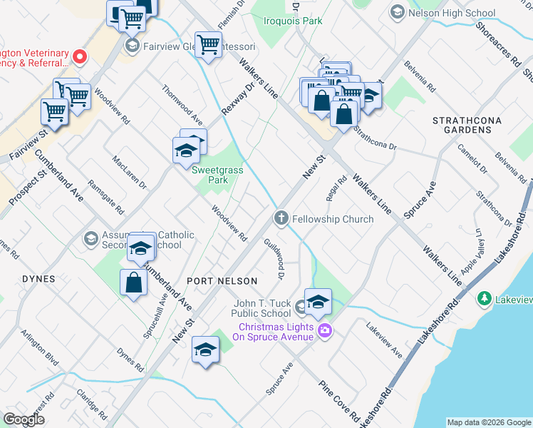 map of restaurants, bars, coffee shops, grocery stores, and more near 457 Woodview Road in Burlington