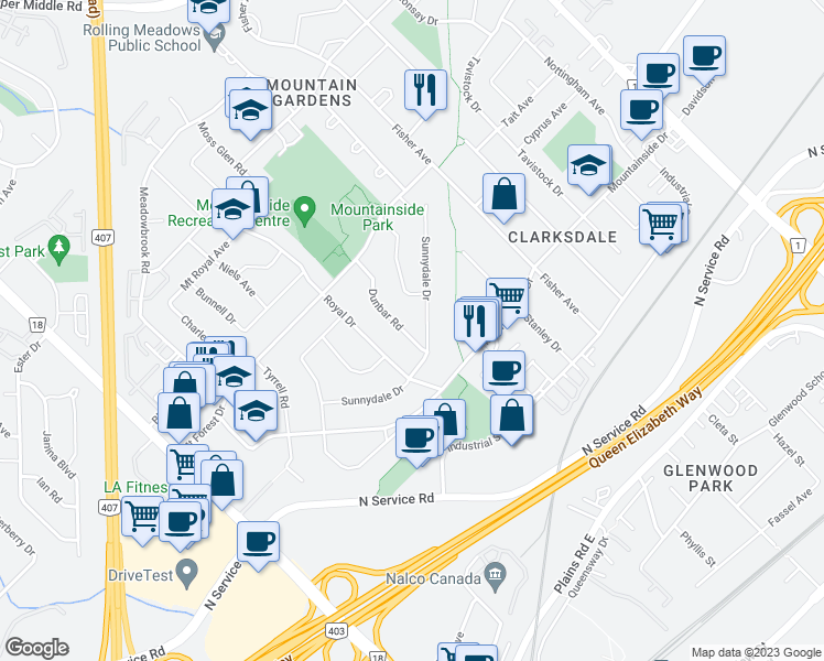 map of restaurants, bars, coffee shops, grocery stores, and more near 1241 Dunbar Road in Burlington