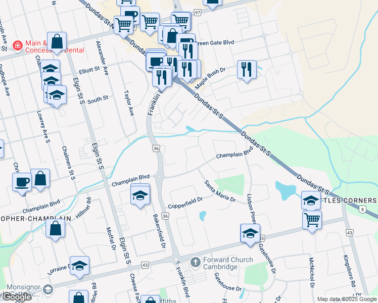 map of restaurants, bars, coffee shops, grocery stores, and more near 47 Azores Crescent in Cambridge