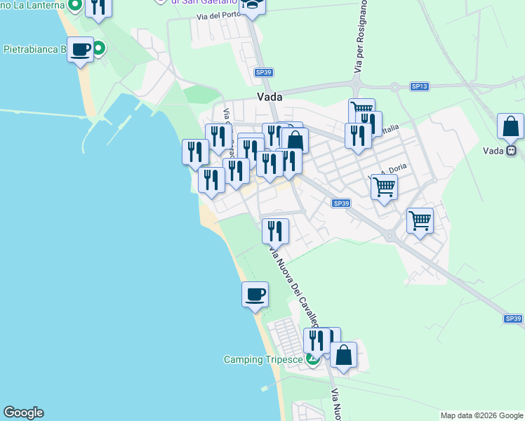 map of restaurants, bars, coffee shops, grocery stores, and more near 15 Via Nuova dei Cavalleggeri in Vada