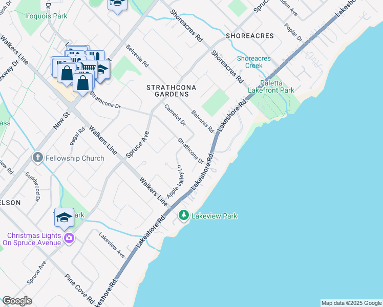 map of restaurants, bars, coffee shops, grocery stores, and more near 222 Strathcona Drive in Burlington