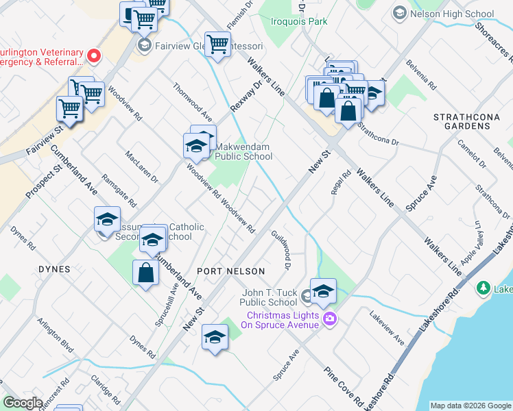 map of restaurants, bars, coffee shops, grocery stores, and more near 451 Woodview Road in Burlington