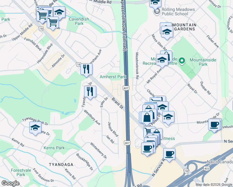 map of restaurants, bars, coffee shops, grocery stores, and more near 2085 Amherst Heights Drive in Burlington