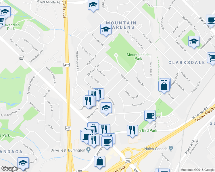 map of restaurants, bars, coffee shops, grocery stores, and more near 1344 Bunnell Drive in Burlington