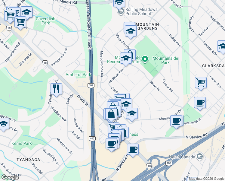 map of restaurants, bars, coffee shops, grocery stores, and more near 1398 Charles Drive in Burlington