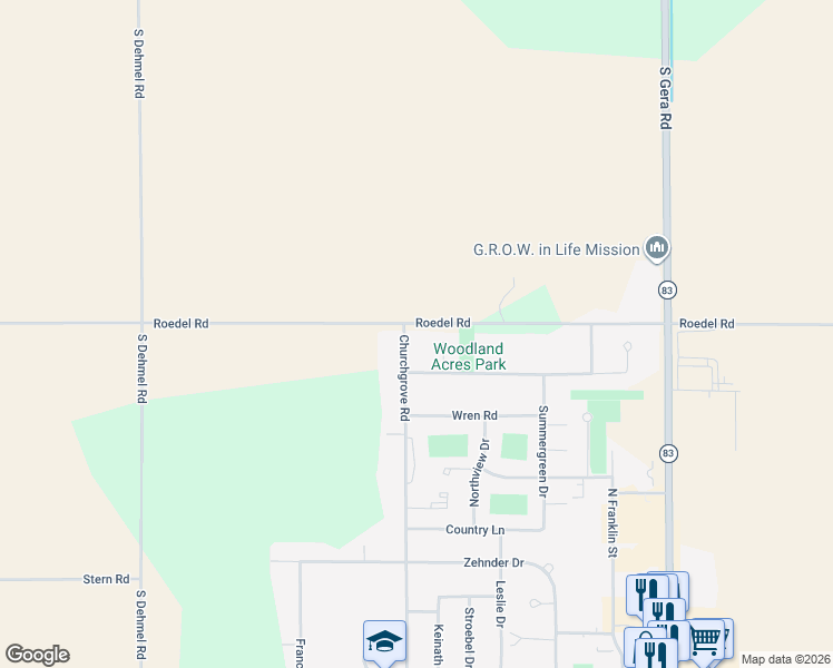 map of restaurants, bars, coffee shops, grocery stores, and more near 763 Churchgrove Road in Frankenmuth
