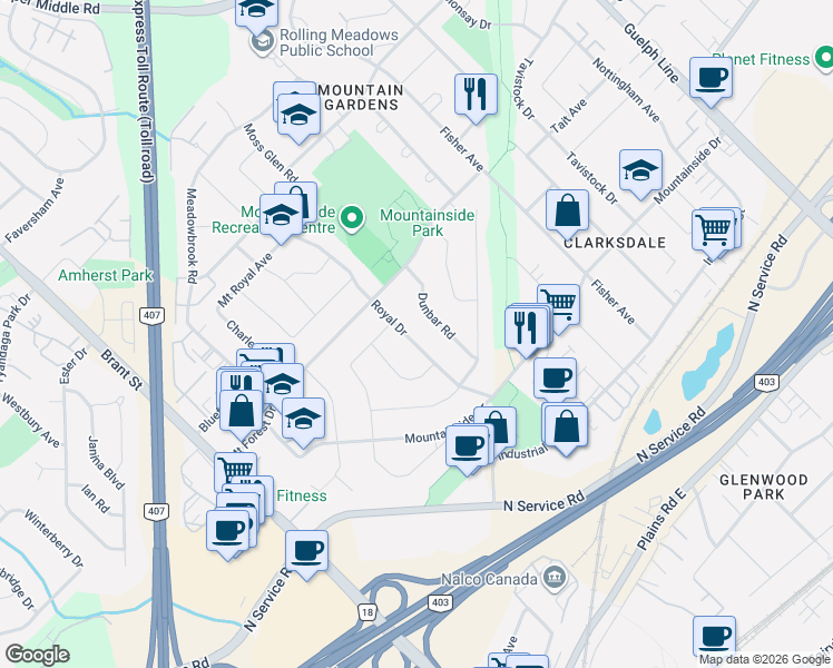 map of restaurants, bars, coffee shops, grocery stores, and more near 1275 Royal Drive in Burlington