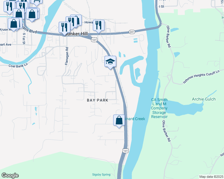map of restaurants, bars, coffee shops, grocery stores, and more near 93805 Bay Park Lane in Coos Bay