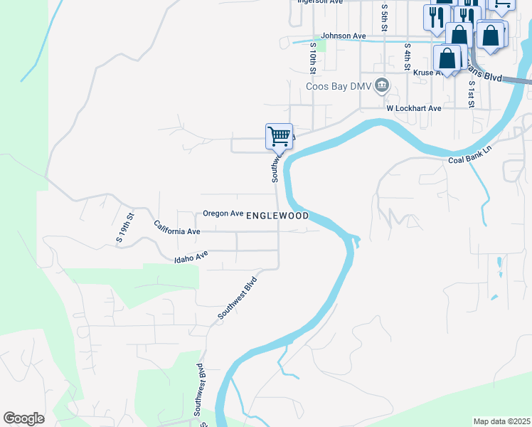 map of restaurants, bars, coffee shops, grocery stores, and more near 1165 Oregon Avenue in Coos Bay