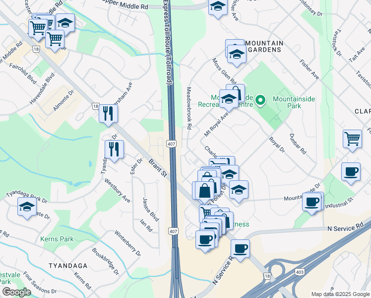 map of restaurants, bars, coffee shops, grocery stores, and more near 2097 Meadowbrook Road in Burlington