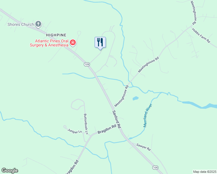 map of restaurants, bars, coffee shops, grocery stores, and more near 1755 Sanford Road in Wells