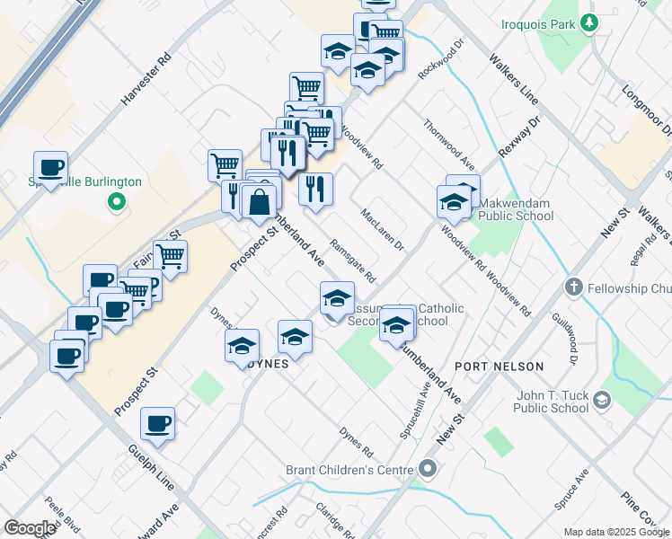 map of restaurants, bars, coffee shops, grocery stores, and more near 635 Cumberland Avenue in Burlington