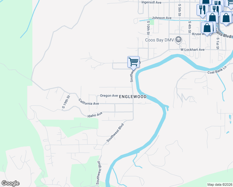 map of restaurants, bars, coffee shops, grocery stores, and more near 1165 Oregon Avenue in Coos Bay