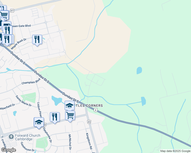 map of restaurants, bars, coffee shops, grocery stores, and more near 1261 Dundas Street South in Cambridge
