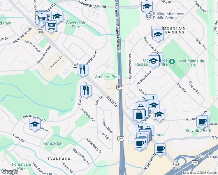 map of restaurants, bars, coffee shops, grocery stores, and more near 2075 Amherst Heights Drive in Burlington