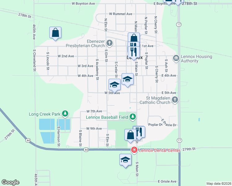 map of restaurants, bars, coffee shops, grocery stores, and more near 305 West 5th Avenue in Lennox