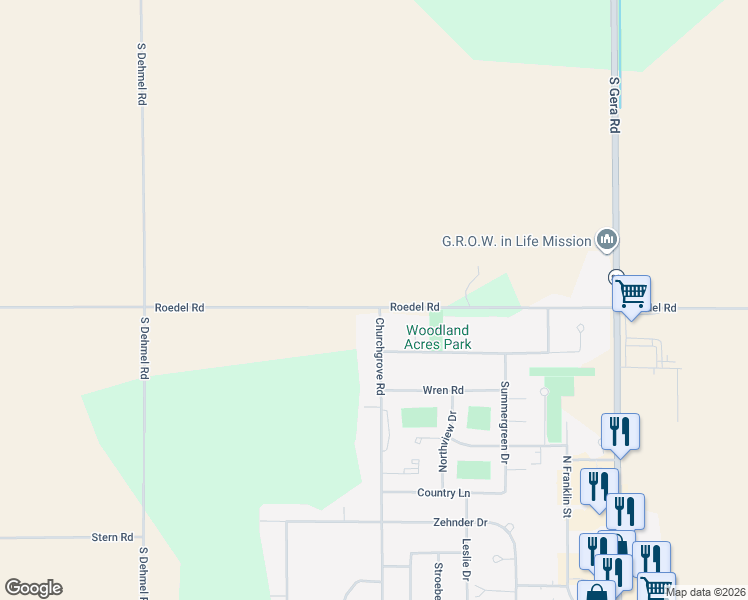 map of restaurants, bars, coffee shops, grocery stores, and more near 763 Churchgrove Road in Frankenmuth