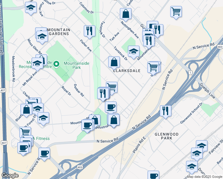 map of restaurants, bars, coffee shops, grocery stores, and more near 1180 Stanley Drive in Burlington