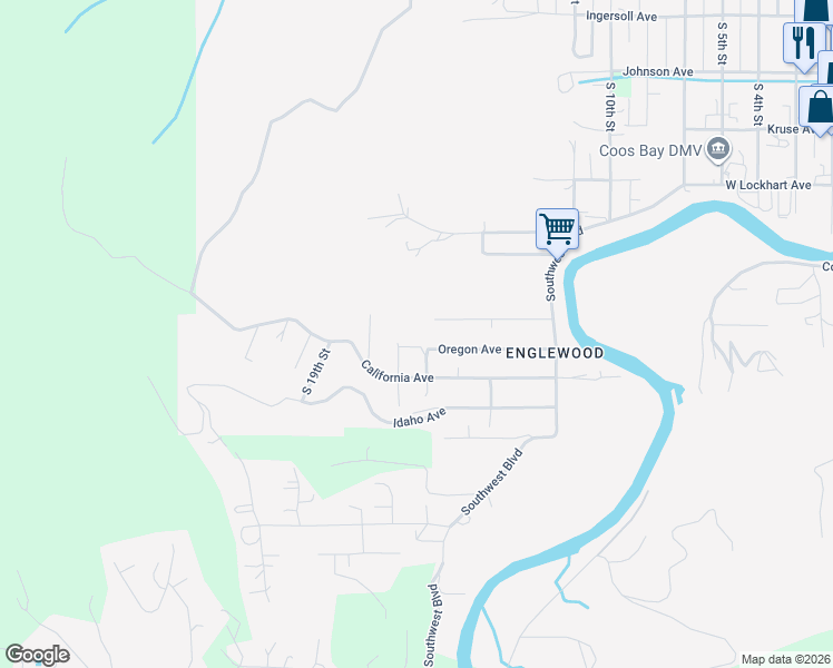 map of restaurants, bars, coffee shops, grocery stores, and more near 1650 South 16th Street in Coos Bay
