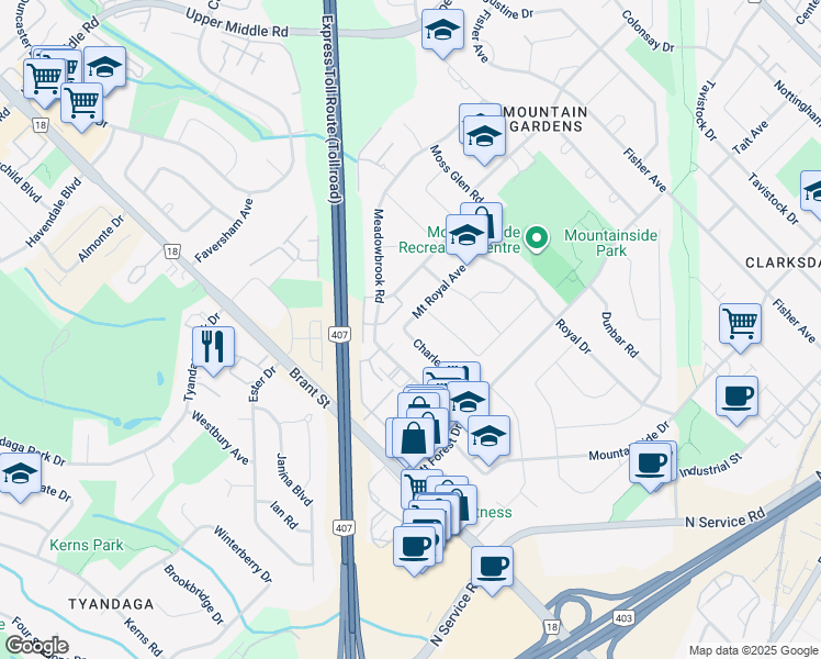 map of restaurants, bars, coffee shops, grocery stores, and more near 1398 Charles Drive in Burlington
