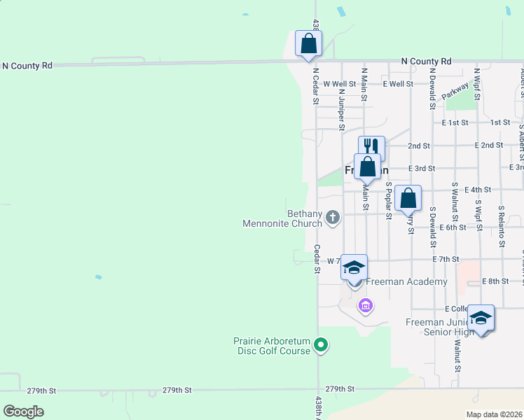 map of restaurants, bars, coffee shops, grocery stores, and more near 418 East 5th Street in Freeman