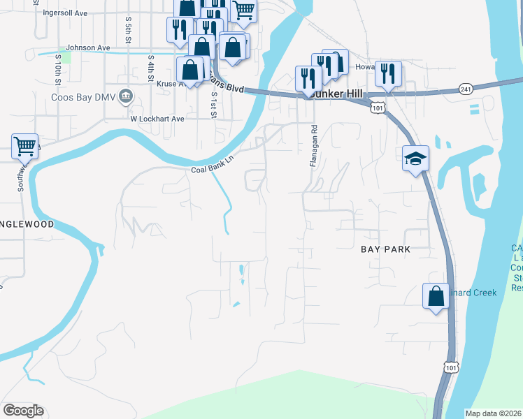 map of restaurants, bars, coffee shops, grocery stores, and more near 63633 Andrews Road in Coos Bay