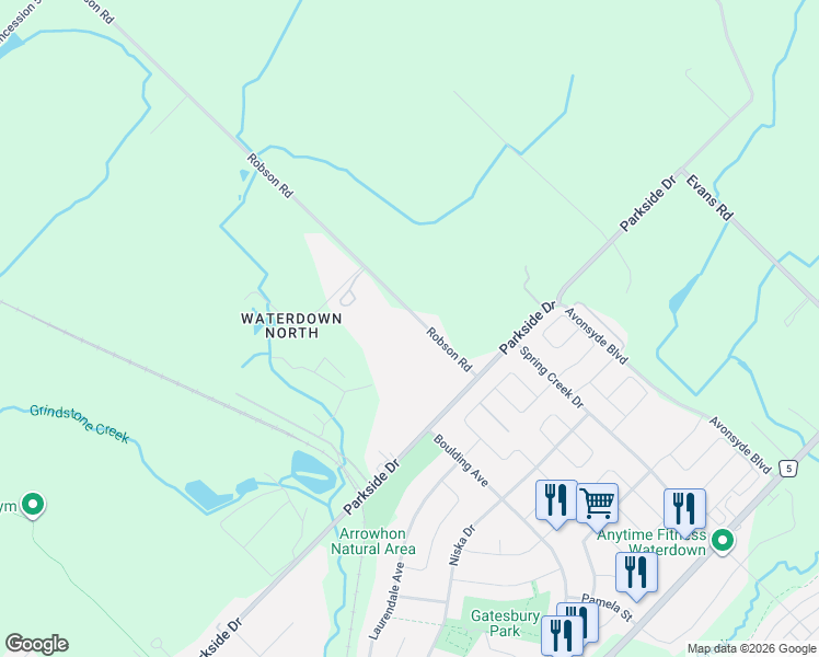 map of restaurants, bars, coffee shops, grocery stores, and more near 656 Robson Road in Hamilton