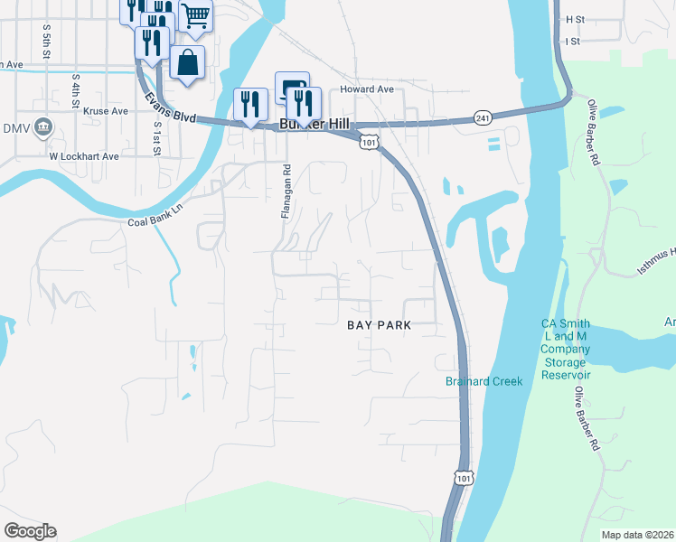 map of restaurants, bars, coffee shops, grocery stores, and more near 309 4th Street in Coos Bay