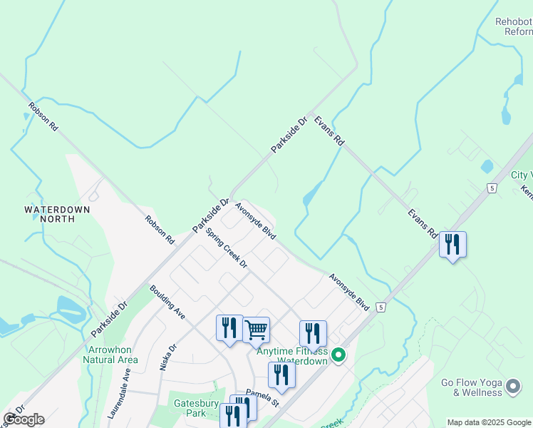 map of restaurants, bars, coffee shops, grocery stores, and more near in Waterdown