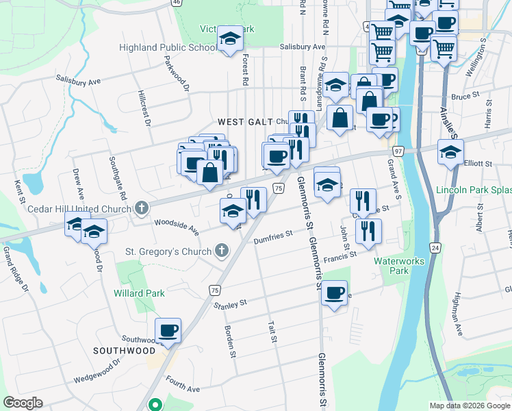map of restaurants, bars, coffee shops, grocery stores, and more near 158 Forest Road in Cambridge