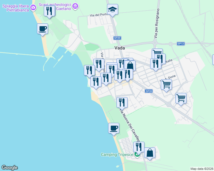 map of restaurants, bars, coffee shops, grocery stores, and more near 2B Via Capraia in Vada