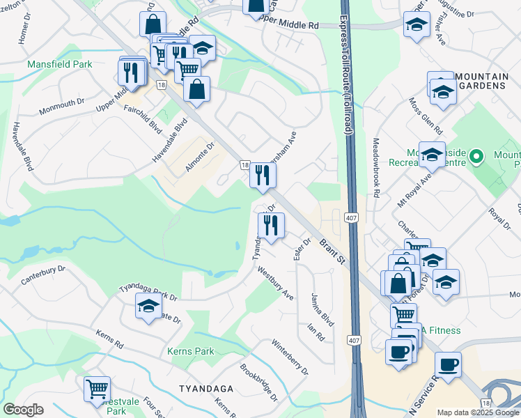 map of restaurants, bars, coffee shops, grocery stores, and more near 1449 Tyandaga Park Drive in Burlington