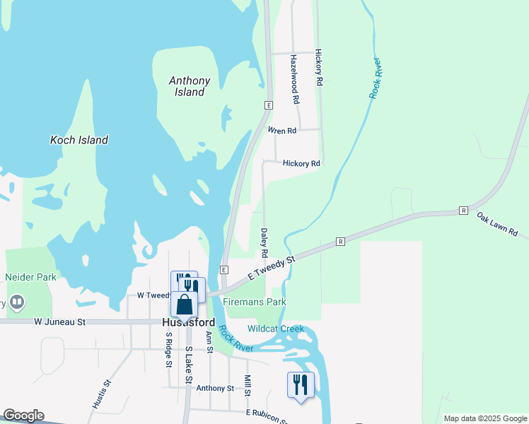 map of restaurants, bars, coffee shops, grocery stores, and more near Daley Road in Hustisford