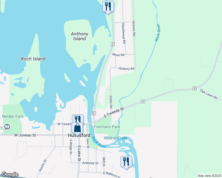 map of restaurants, bars, coffee shops, grocery stores, and more near Daley Road in Hustisford