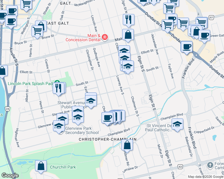 map of restaurants, bars, coffee shops, grocery stores, and more near 60 Scrimger Avenue in Cambridge