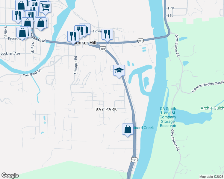 map of restaurants, bars, coffee shops, grocery stores, and more near 63554 Dusty Road in Coos Bay