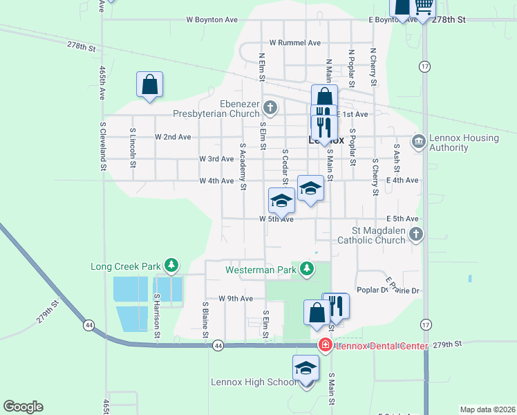 map of restaurants, bars, coffee shops, grocery stores, and more near 416 South Elm Street in Lennox