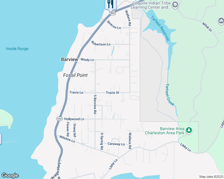 map of restaurants, bars, coffee shops, grocery stores, and more near 90901 Travis Lane in Coos Bay