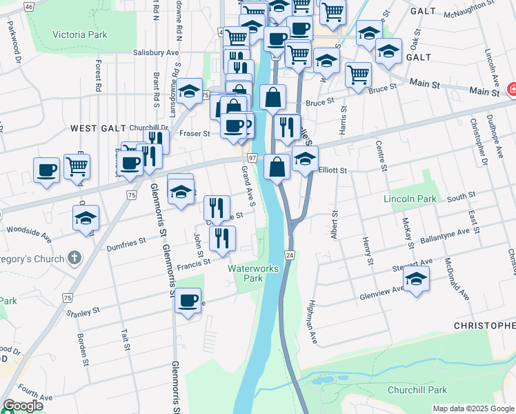 map of restaurants, bars, coffee shops, grocery stores, and more near 141 Grand Avenue South in Cambridge