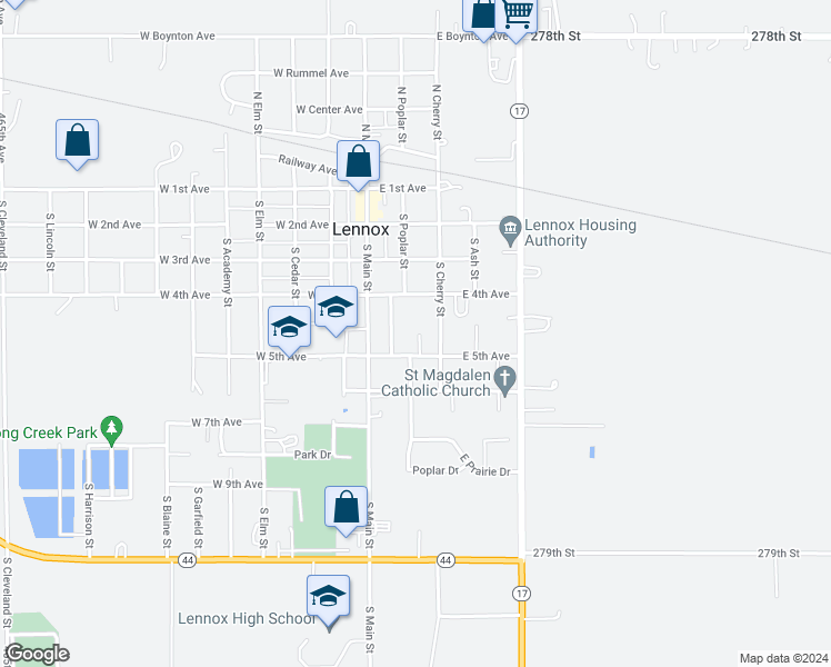 map of restaurants, bars, coffee shops, grocery stores, and more near 421 South Cherry Street in Lennox