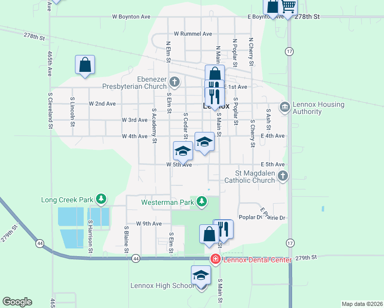 map of restaurants, bars, coffee shops, grocery stores, and more near 208 West 5th Avenue in Lennox