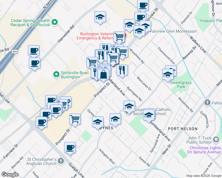 map of restaurants, bars, coffee shops, grocery stores, and more near 3270 Prospect Street in Burlington