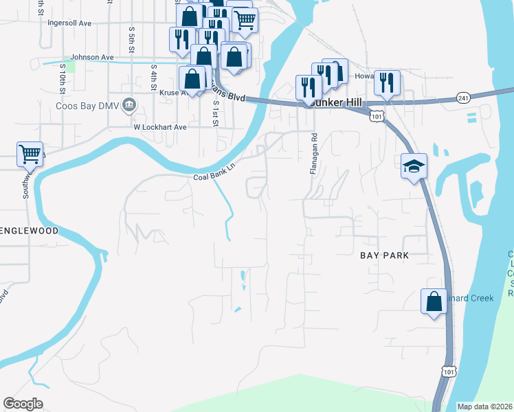 map of restaurants, bars, coffee shops, grocery stores, and more near 63633 Andrews Road in Coos Bay