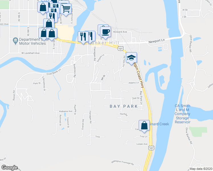 map of restaurants, bars, coffee shops, grocery stores, and more near 63608 Fourth Road in Coos Bay