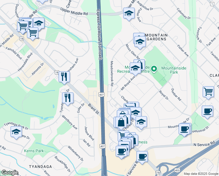 map of restaurants, bars, coffee shops, grocery stores, and more near 2111 Meadowbrook Road in Burlington